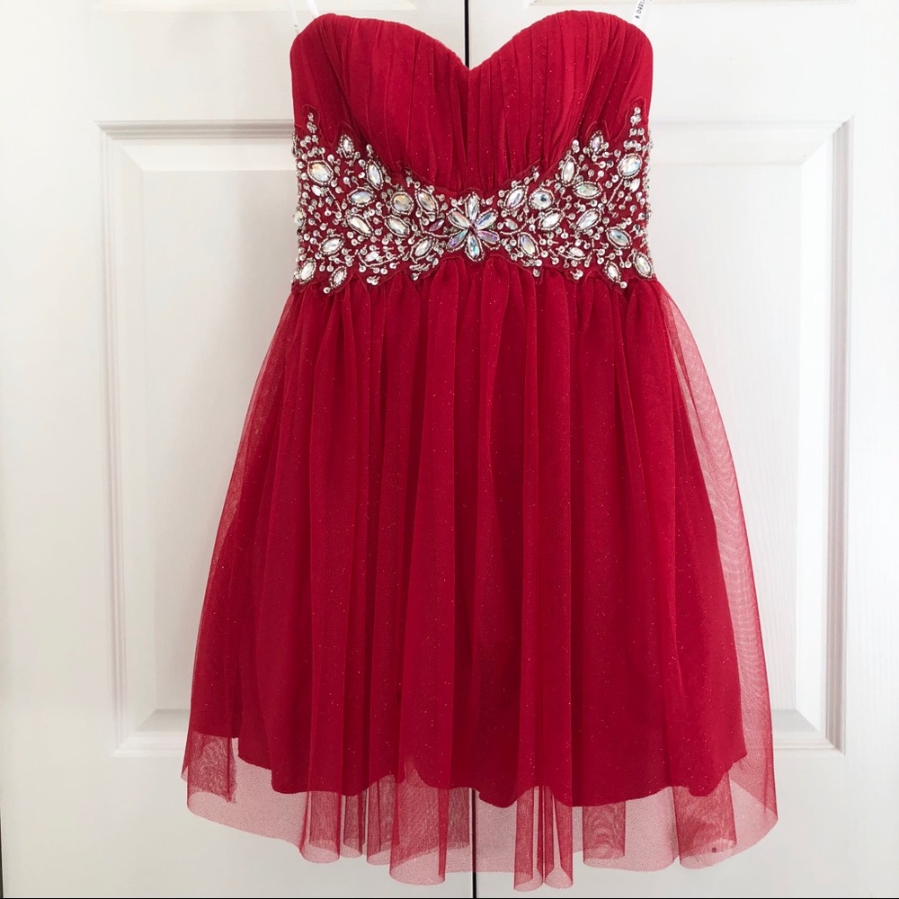 Red Jewel Embellished Strapless Party Dress